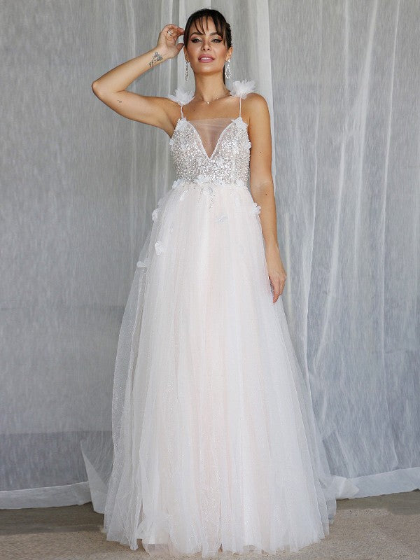 A-Line/Princess V-neck Beading Sleeveless Tulle Floor-Length Wedding Dresses