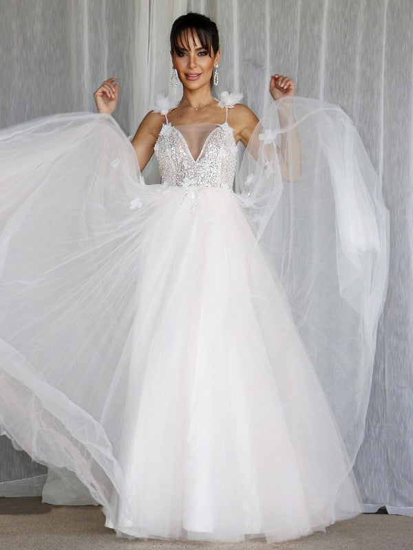 A-Line/Princess V-neck Beading Sleeveless Tulle Floor-Length Wedding Dresses