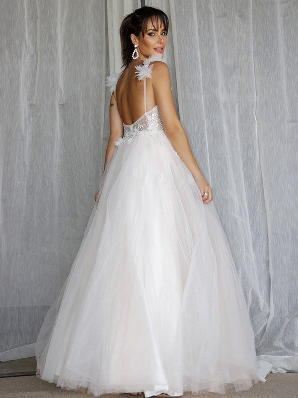 A-Line/Princess V-neck Beading Sleeveless Tulle Floor-Length Wedding Dresses