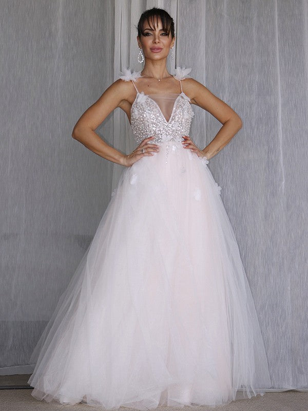 A-Line/Princess V-neck Beading Sleeveless Tulle Floor-Length Wedding Dresses