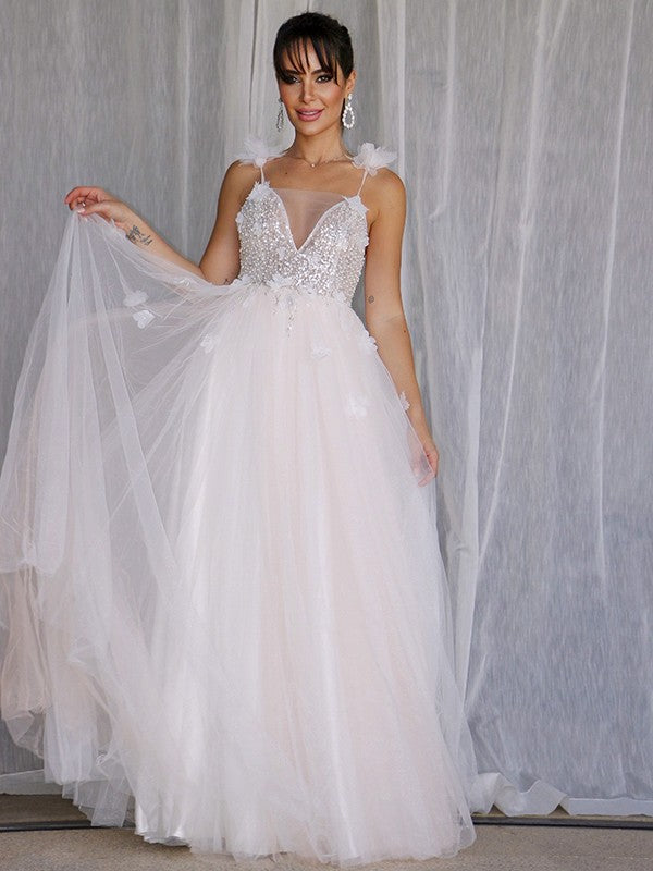 A-Line/Princess V-neck Beading Sleeveless Tulle Floor-Length Wedding Dresses