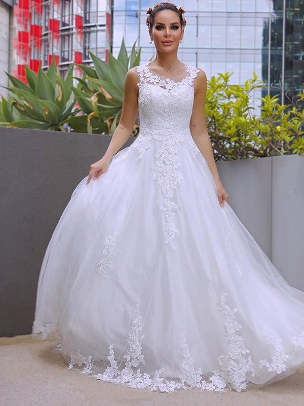 A-Line/Princess Sleeveless Tulle Lace Scoop Sweep/Brush Train Wedding Dresses
