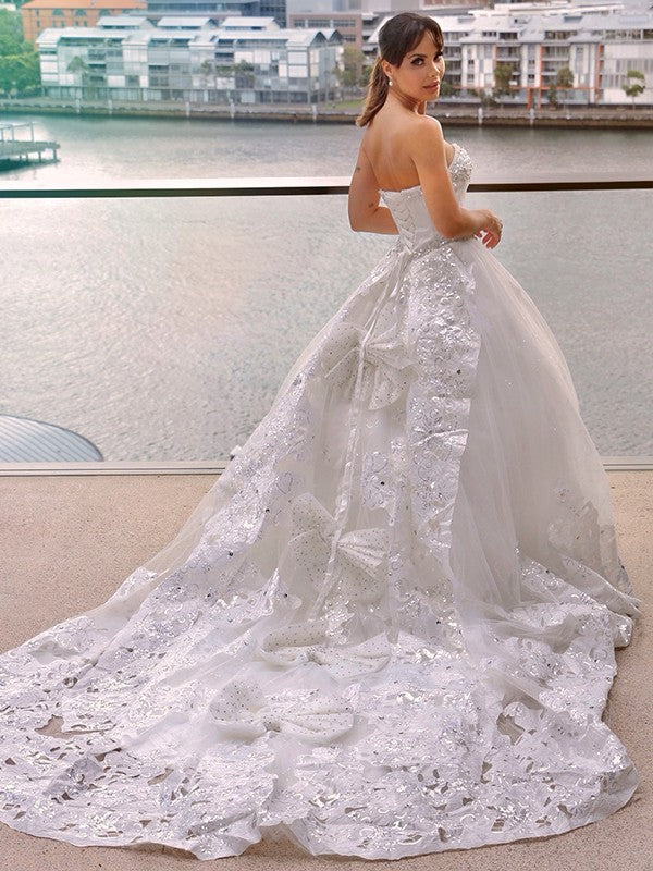 Ball Gown Tulle Sweetheart Applique Sleeveless Cathedral Train Wedding Dresses