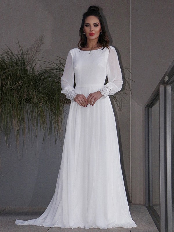 A-Line/Princess Chiffon Ruffles Long Sleeves Scoop Sweep/Brush Train Wedding Dresses