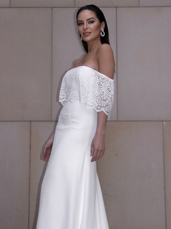 Sheath/Column Lace Ruffles Off-the-Shoulder Short Sleeves Chapel Train Wedding Dresses