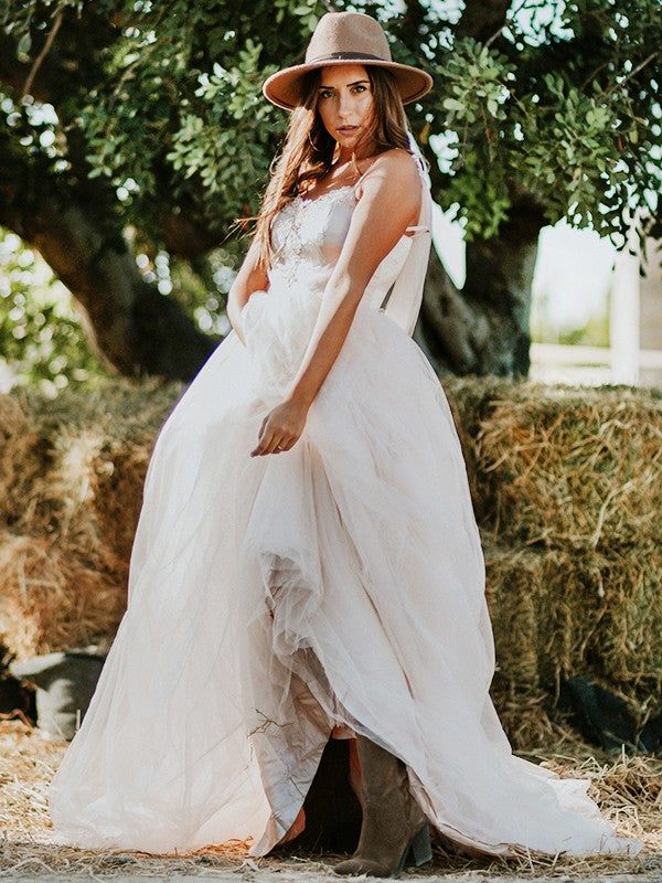 A-Line/Princess Tulle Ruffles Spaghetti Straps Sleeveless Sweep/Brush Train Wedding Dresses