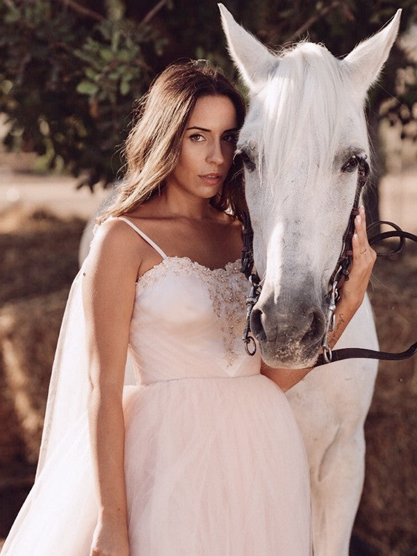 A-Line/Princess Tulle Ruffles Spaghetti Straps Sleeveless Sweep/Brush Train Wedding Dresses