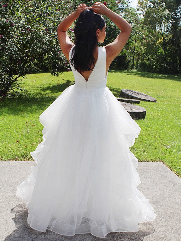 Ball Gown Organza Ruffles V-neck Sleeveless Floor-Length Wedding Dresses