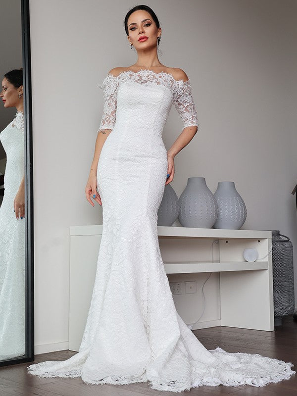 Sheath/Column Lace Ruffles Off-the-Shoulder 1/2 Sleeves Sweep/Brush Train Wedding Dresses