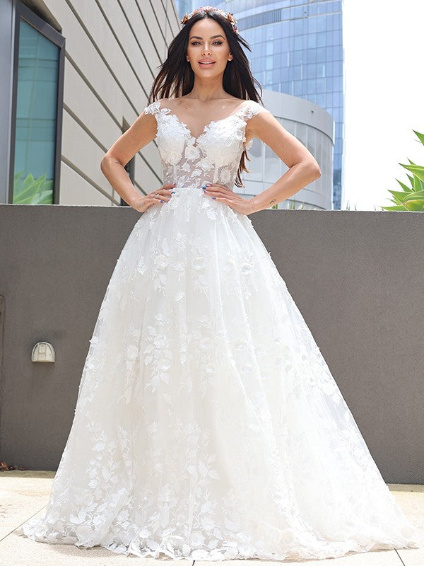 A-Line/Princess Tulle Applique V-neck Sleeveless Floor-Length Wedding Dresses