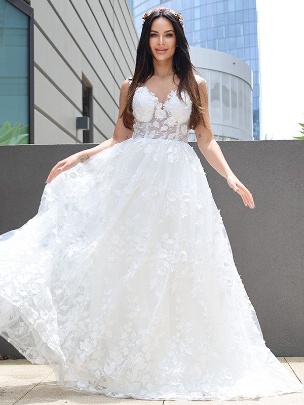 A-Line/Princess Tulle Applique V-neck Sleeveless Floor-Length Wedding Dresses