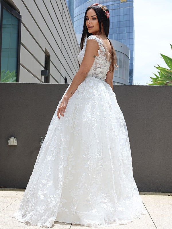A-Line/Princess Tulle Applique V-neck Sleeveless Floor-Length Wedding Dresses