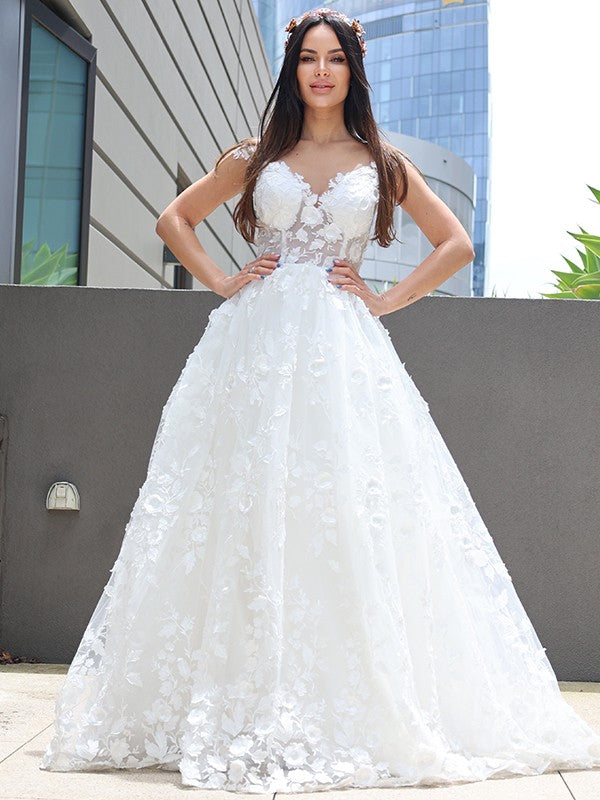 A-Line/Princess Tulle Applique V-neck Sleeveless Floor-Length Wedding Dresses
