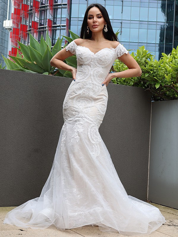 Trumpet/Mermaid Tulle Applique Off-the-Shoulder Sleeveless Sweep/Brush Train Wedding Dresses