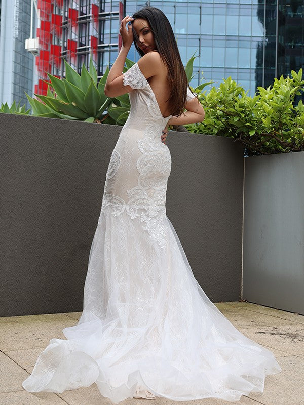 Trumpet/Mermaid Tulle Applique Off-the-Shoulder Sleeveless Sweep/Brush Train Wedding Dresses