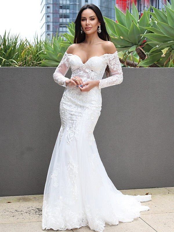 Trumpet/Mermaid Tulle Applique Off-the-Shoulder Long Sleeves Sweep/Brush Train Wedding Dresses