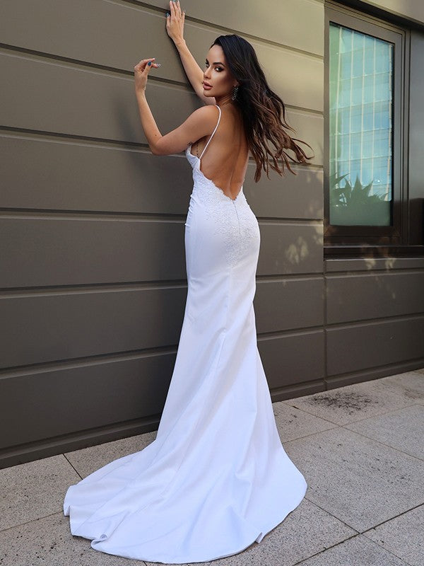 Sheath/Column Stretch Crepe Lace V-neck Sleeveless Sweep/Brush Train Wedding Dresses