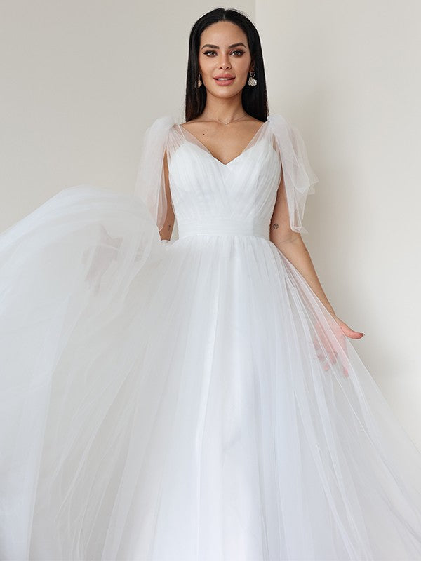A-Line/Princess Tulle Ruffles V-neck Sleeveless Floor-Length Wedding Dresses
