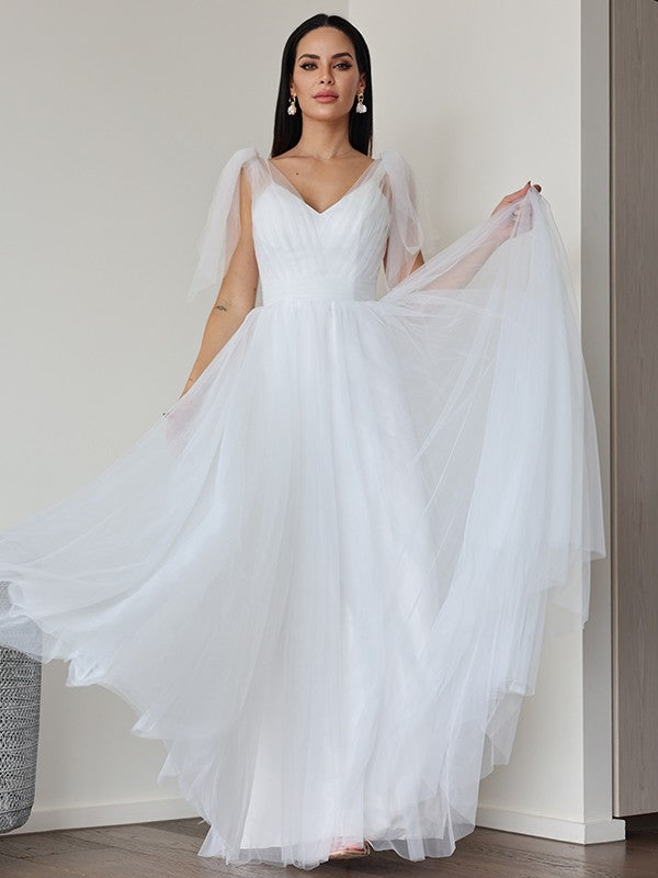 A-Line/Princess Tulle Ruffles V-neck Sleeveless Floor-Length Wedding Dresses