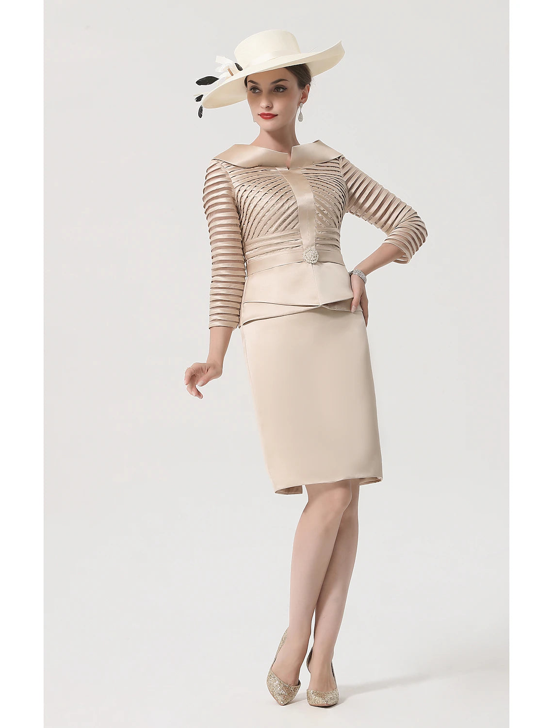 Sheath / Column Mother of the Bride Dress Vintage Plus Size Elegant Bateau Neck Knee Length Satin 3/4 Length Sleeve with Sash / Ribbon Crystals