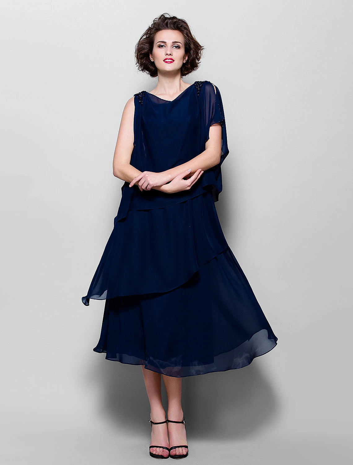 A-Line Mother of the Bride Dress Plus Size Elegant Cowl Neck Tea Length Chiffon Short Sleeve with Ruffles Crystal Brooch