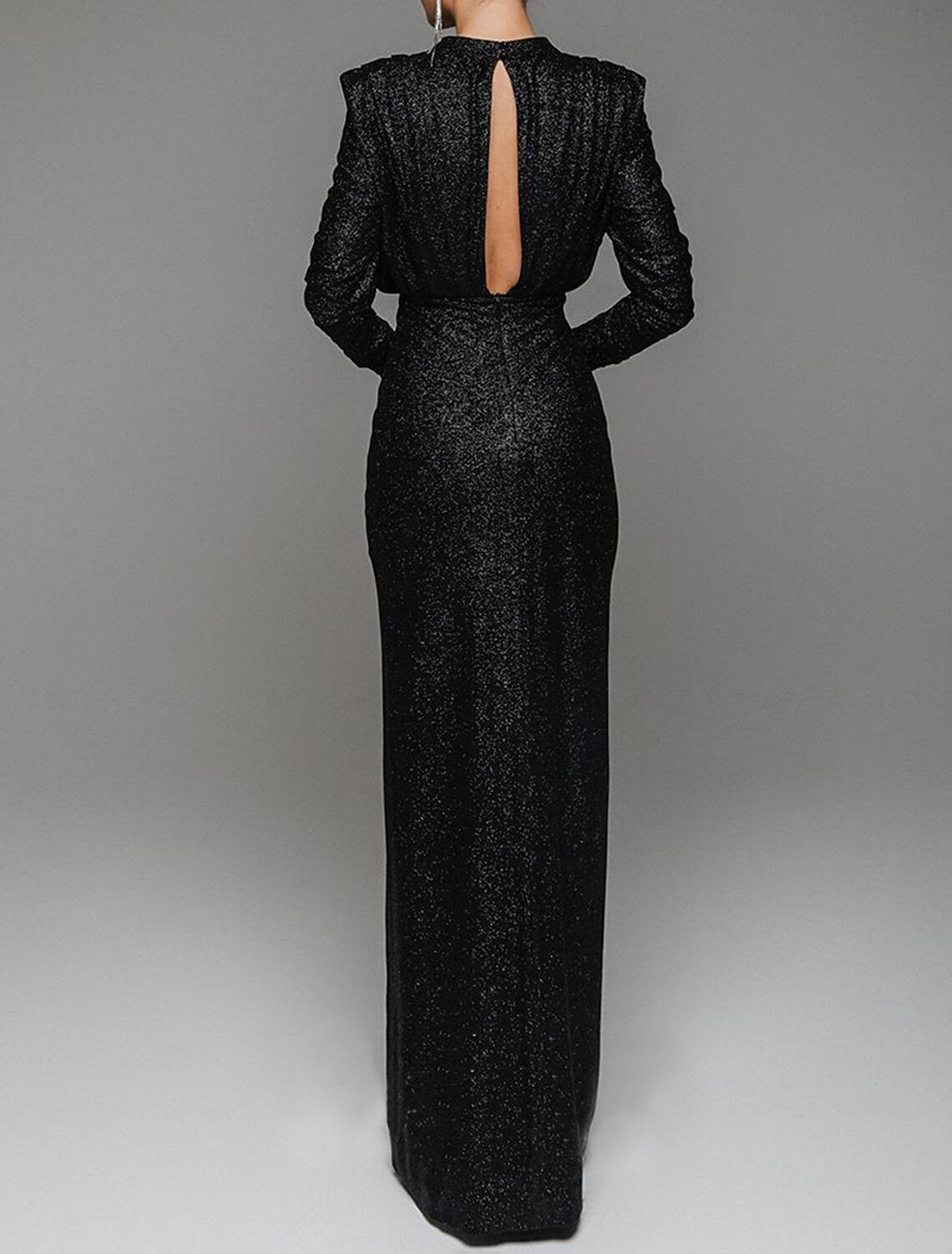 Sheath Black Dress Evening Gown Glittering Dress Formal Masquerade Floor Length Long Sleeve Jewel Neck Lurex Fabric with Slit