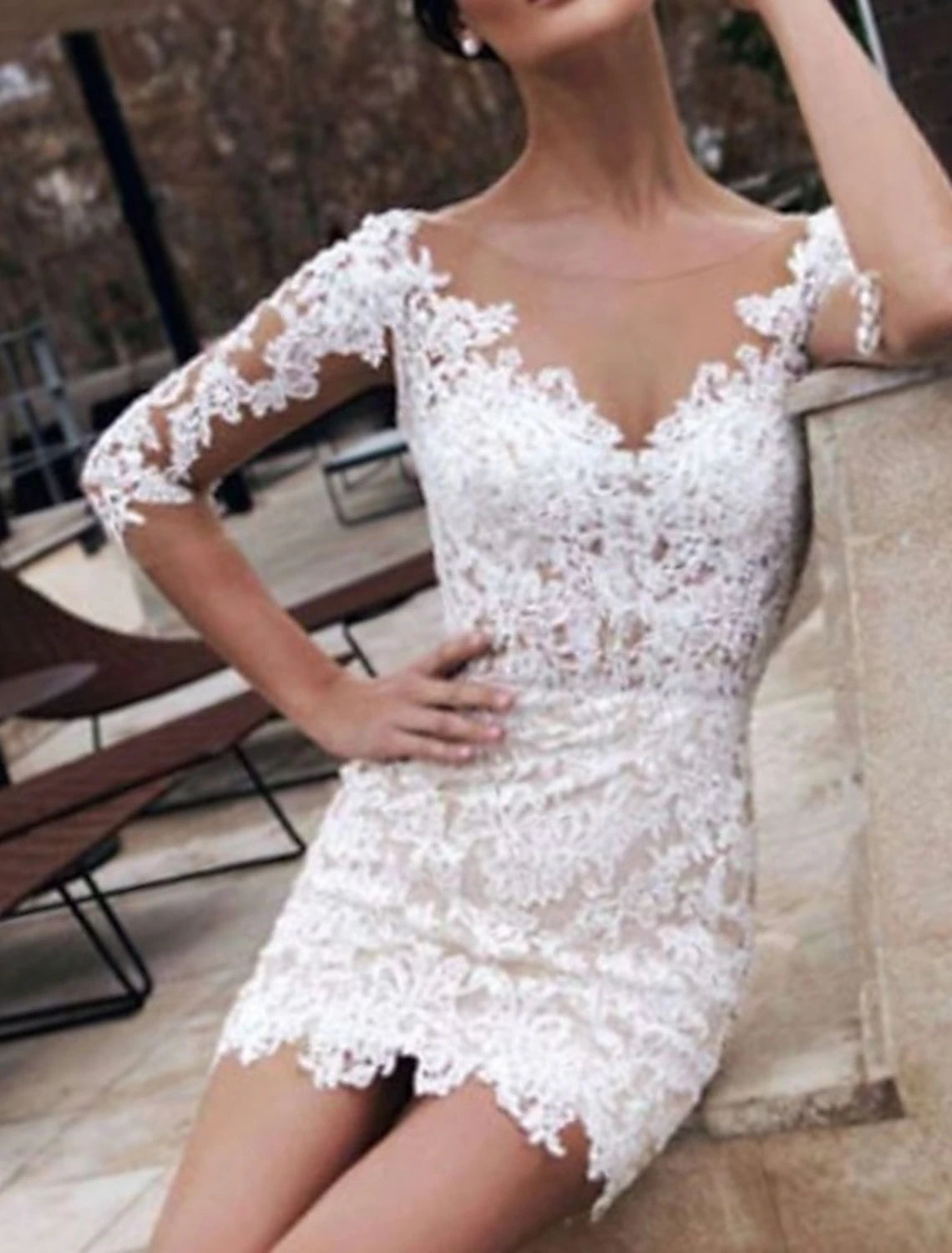 Reception Little White Dresses Wedding Dresses Sheath / Column Illusion Neck Half Sleeve Short / Mini Lace Bridal Gowns With Appliques Summer Wedding Party