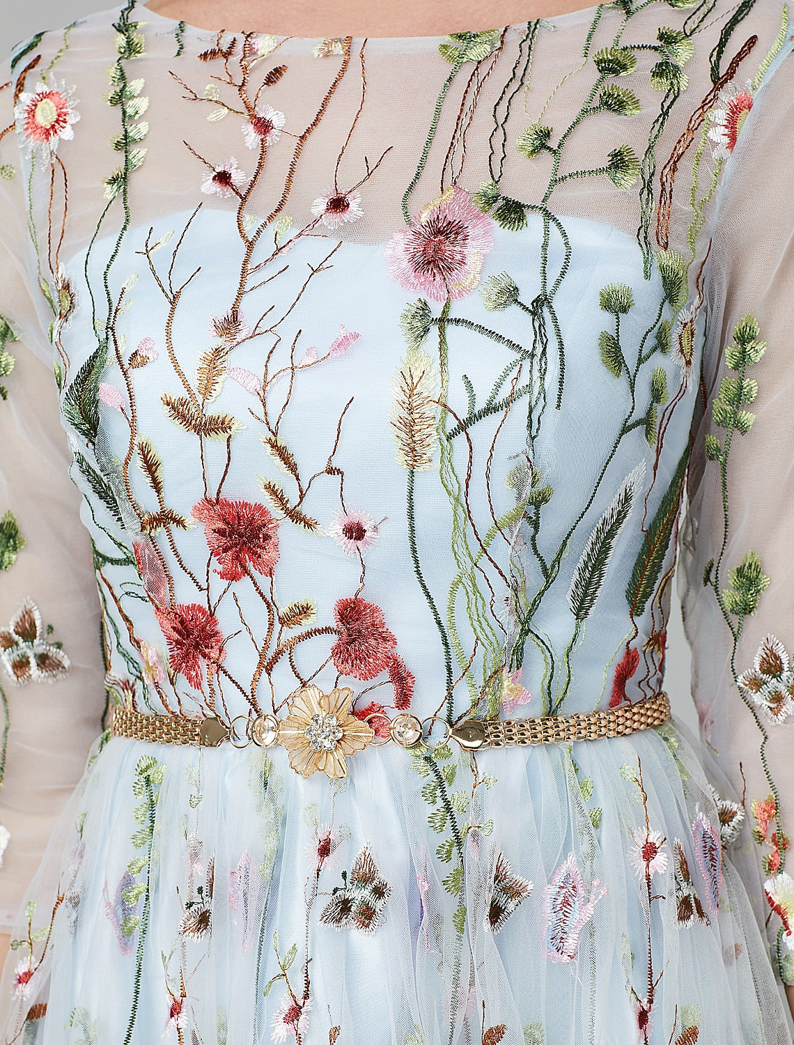 A-Line Evening Gown Floral Dress Holiday Wedding Guest Floor Length 3/4 Length Sleeve Illusion Neck Lace with Embroidery