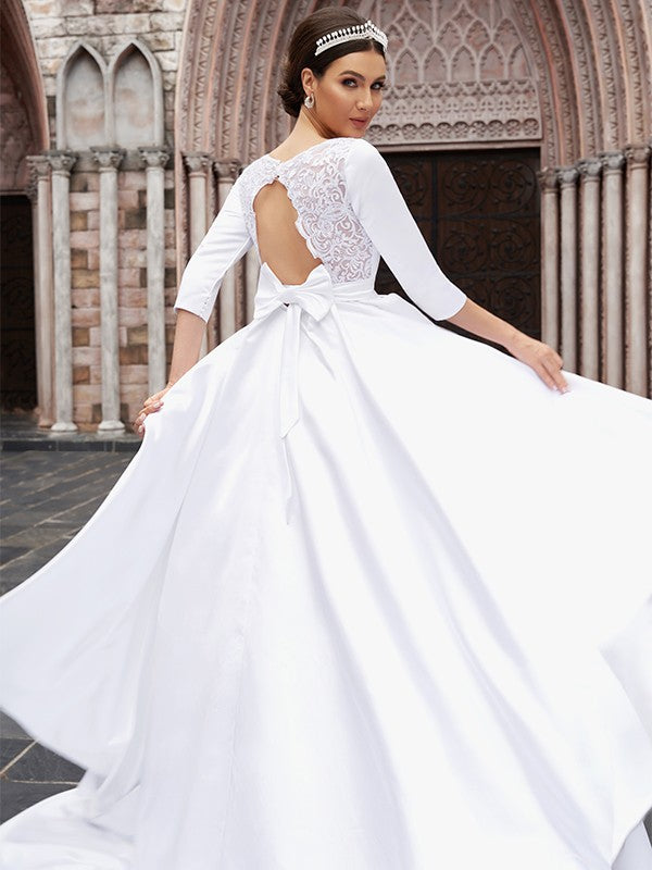 A-Line/Princess Satin Bowknot Bateau 3/4 Sleeves Sweep/Brush Train Wedding Dresses