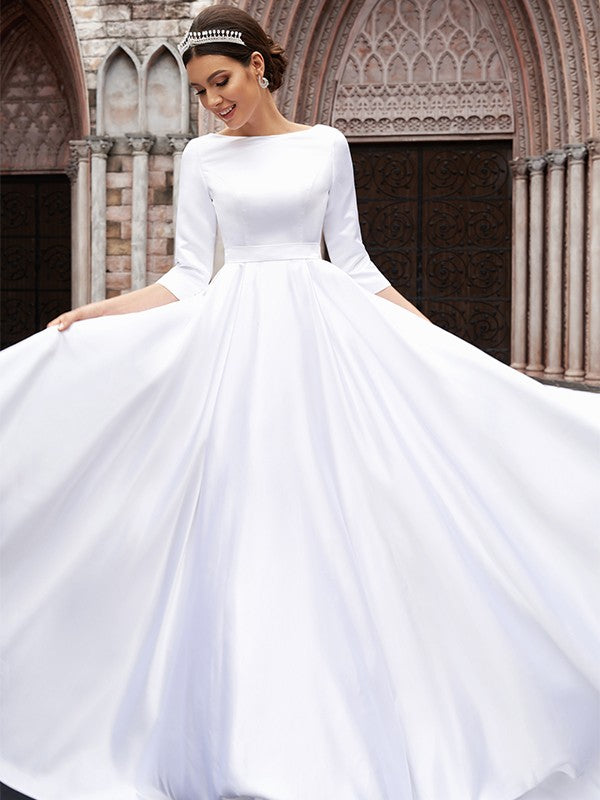 A-Line/Princess Satin Bowknot Bateau 3/4 Sleeves Sweep/Brush Train Wedding Dresses