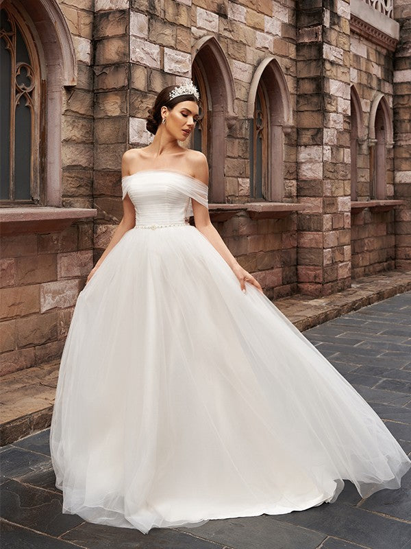 A-Line/Princess Tulle Sleeveless Off-the-Shoulder Ruched Sweep/Brush Train Wedding Dresses