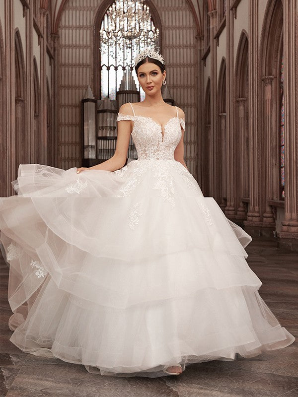 A-Line/Princess Tulle Applique Sweetheart Sleeveless Sweep/Brush Train Wedding Dresses