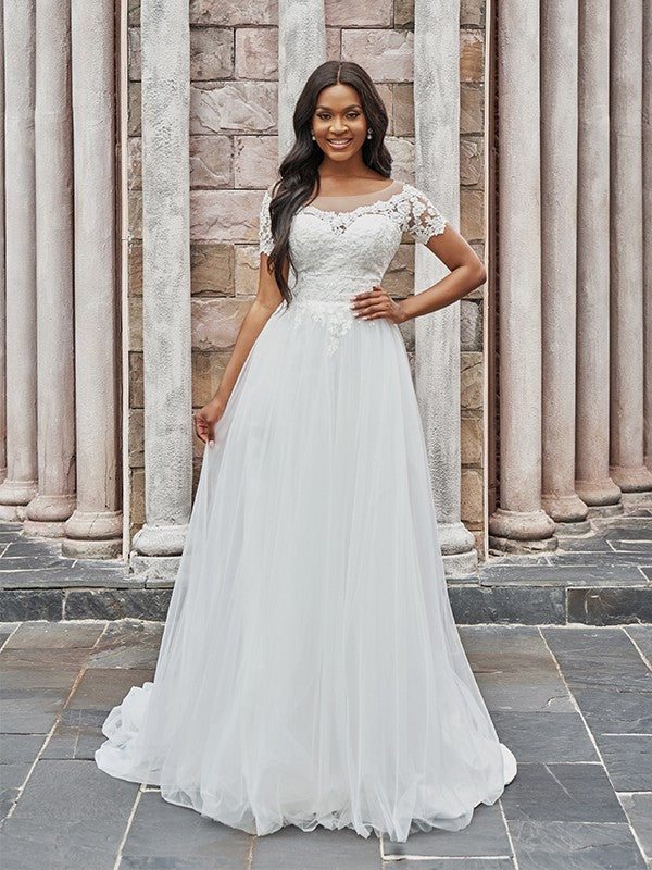 A-Line/Princess Scoop Tulle Applique Short Sleeves Sweep/Brush Train Wedding Dresses