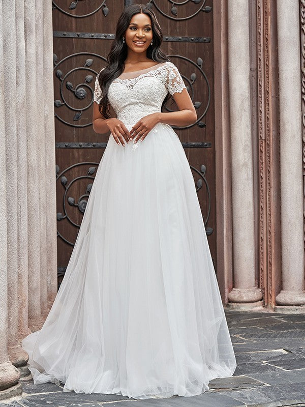 A-Line/Princess Scoop Tulle Applique Short Sleeves Sweep/Brush Train Wedding Dresses