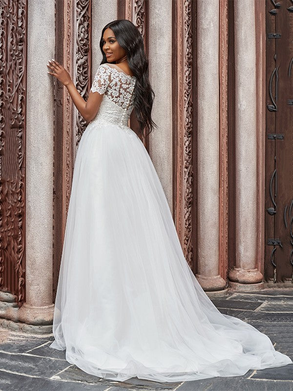 A-Line/Princess Scoop Tulle Applique Short Sleeves Sweep/Brush Train Wedding Dresses