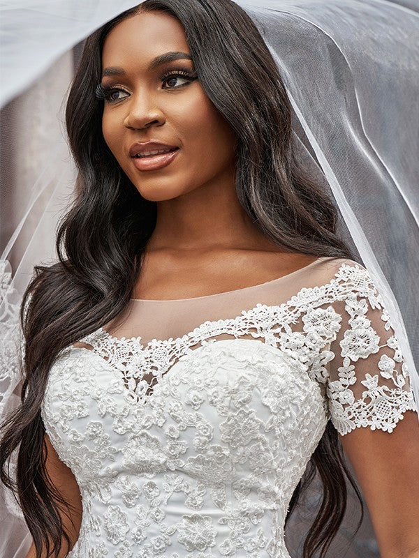 A-Line/Princess Scoop Tulle Applique Short Sleeves Sweep/Brush Train Wedding Dresses