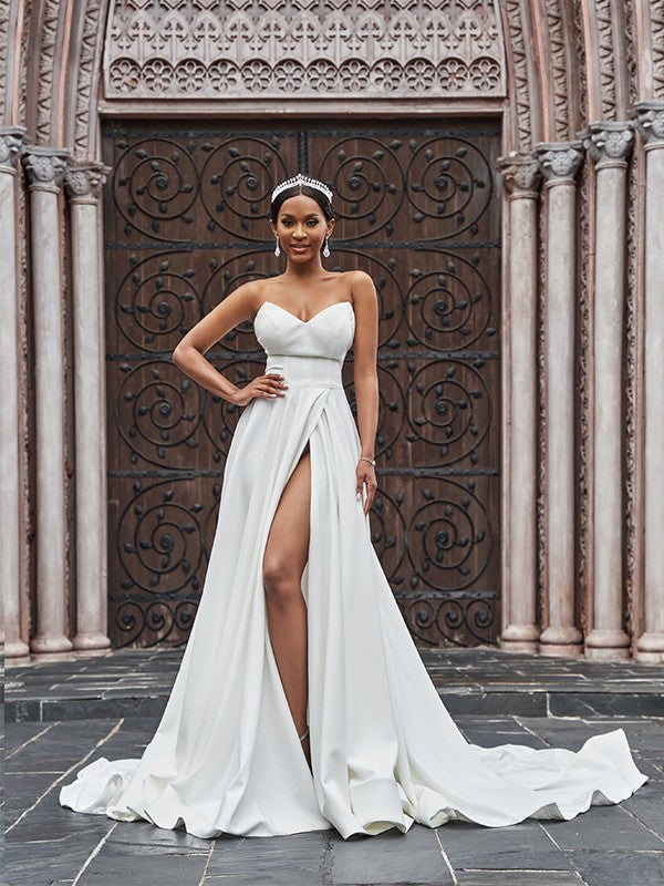 A-Line/Princess Stretch Crepe Ruffles Sleeveless Sweetheart Court Train Wedding Dresses