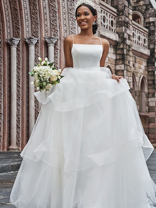 A-Line/Princess Tulle Spaghetti Straps Sleeveless Ruffles Sweep/Brush Train Wedding Dresses