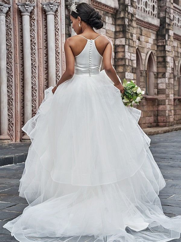 A-Line/Princess Tulle Spaghetti Straps Sleeveless Ruffles Sweep/Brush Train Wedding Dresses