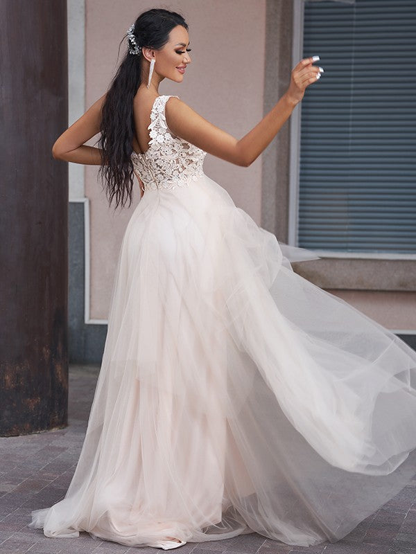 A-Line/Princess Tulle Applique V-neck Sleeveless Sweep/Brush Train Wedding Dresses