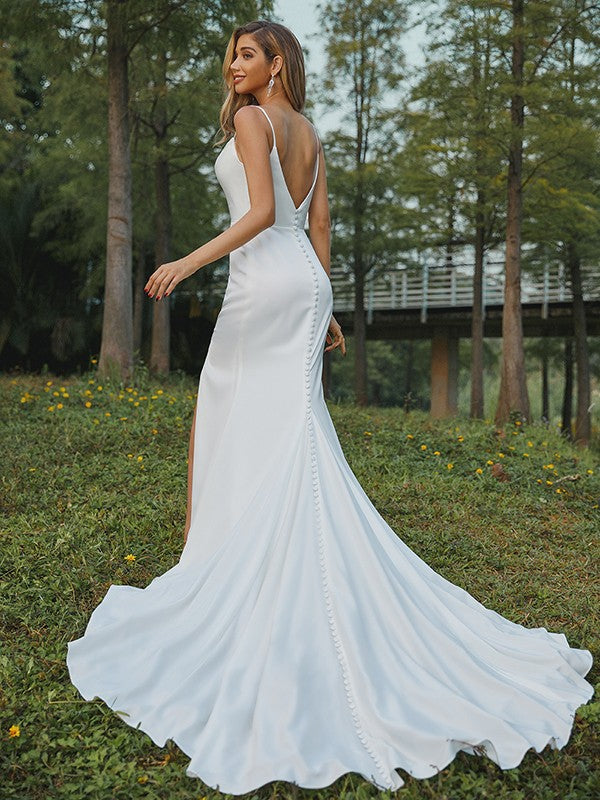 Sheath/Column Ruched Spaghetti Straps Sleeveless Sweep/Brush Train Wedding Dresses