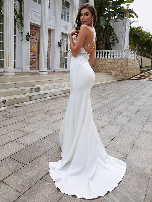 Sheath/Column Stretch Crepe Lace V-neck Sleeveless Sweep/Brush Train Wedding Dresses