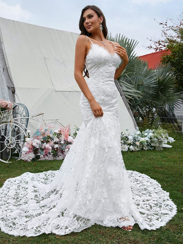 Sheath/Column Lace V-neck Sleeveless Sweep/Brush Train Wedding Dresses