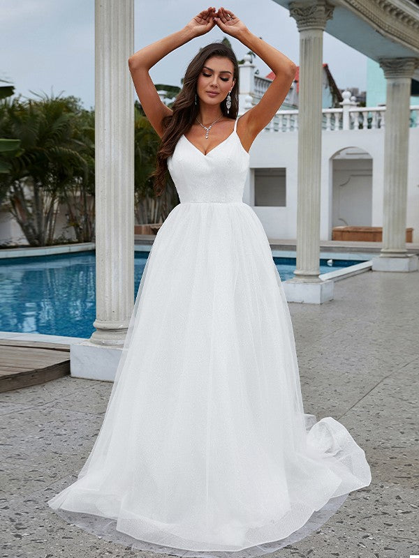 A-Line/Princess Ruffles V-neck Sleeveless Sweep/Brush Train Wedding Dresses