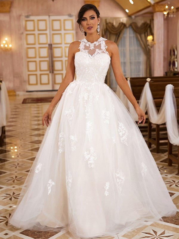 A-Line/Princess Lace Applique Scoop Sleeveless Sweep/Brush Train Wedding Dresses