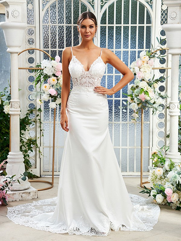 Sheath/Column Lace V-neck Sleeveless Sweep/Brush Train Wedding Dresses