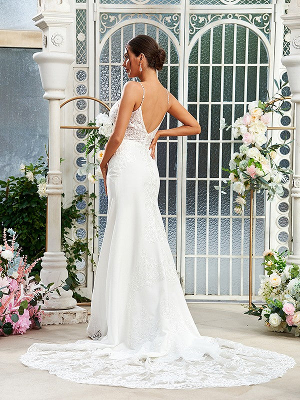 Sheath/Column Lace V-neck Sleeveless Sweep/Brush Train Wedding Dresses
