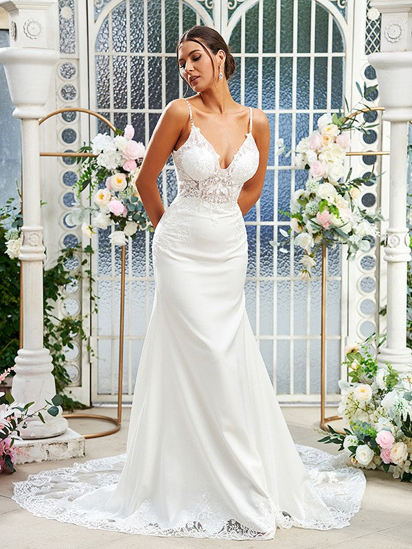 Sheath/Column Lace V-neck Sleeveless Sweep/Brush Train Wedding Dresses