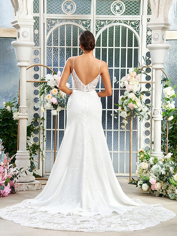 Sheath/Column Lace V-neck Sleeveless Sweep/Brush Train Wedding Dresses