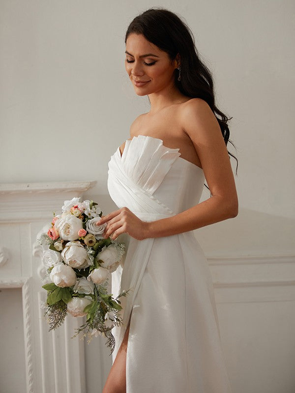 A-Line/Princess Ruched One-Shoulder Sleeveless Sweep/Brush Train Wedding Dresses